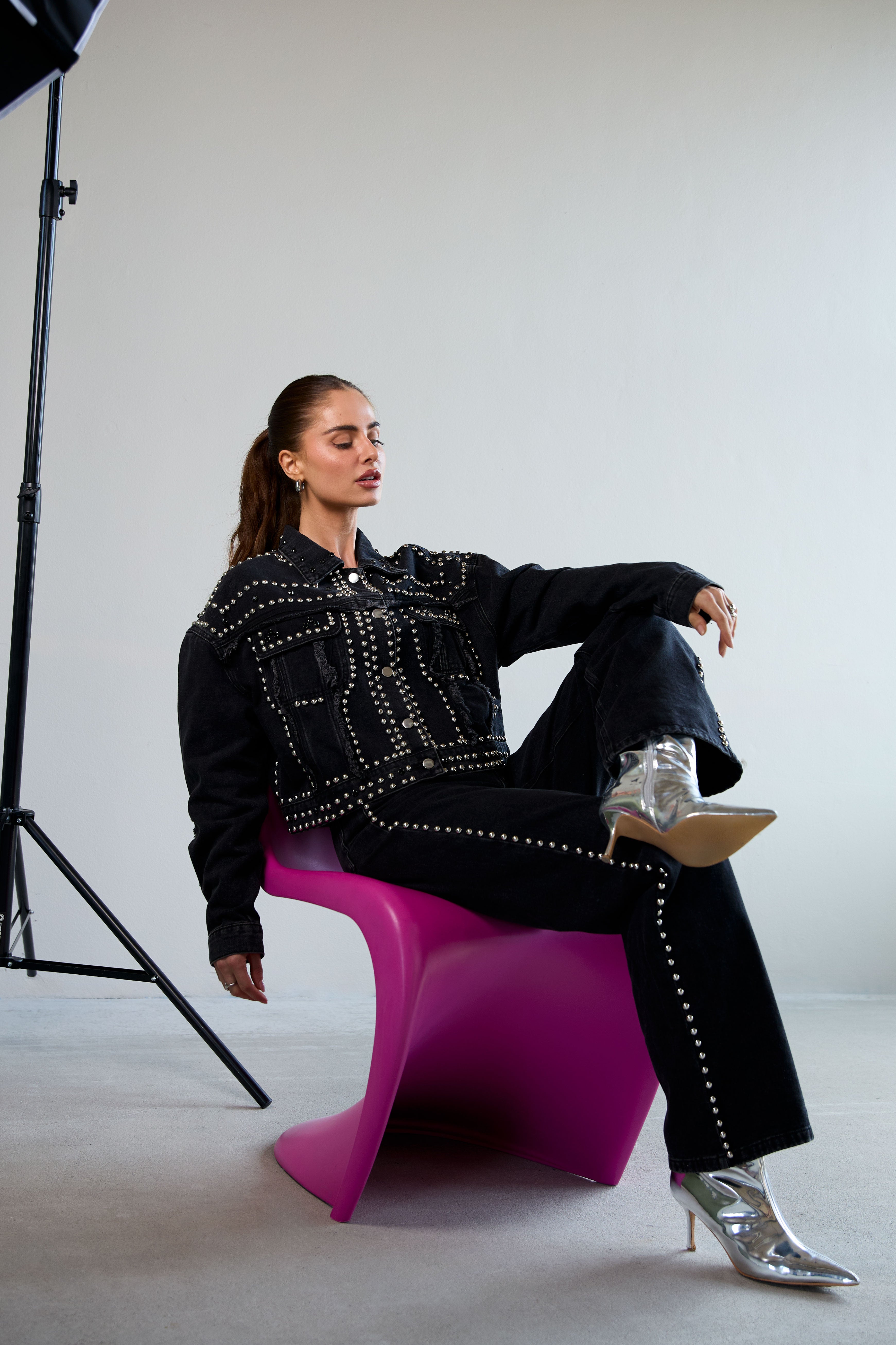 Geweven Katoen Vrouwen Jeansjack Street Solide Kleur Geprikt Ontwerp